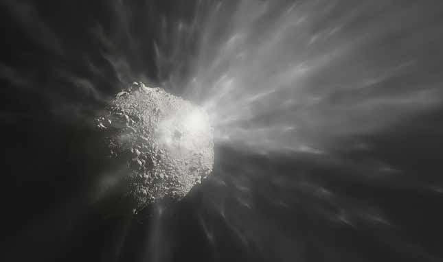 An artist's impression of a cloud of debris around the asteroid Dimorphos.