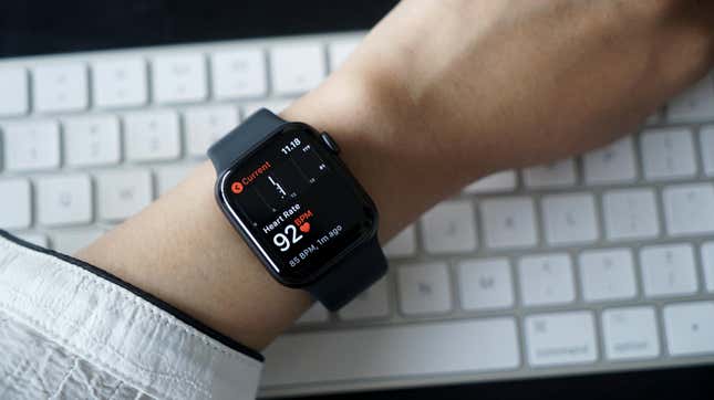 An Apple Watch displaying health info on someone's wrist