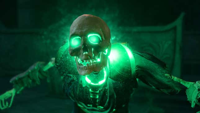 A skeleton glows green.