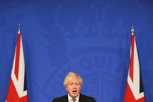 UK prime minister Boris Johnson at a July 5 press conference where he announced the lifting of Covid-19 restrictions in England.