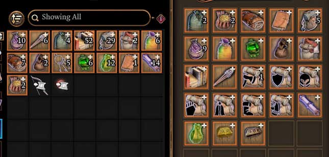 A Baldur's Gate 3 inventory screen shows multiple items sorted into different bags.