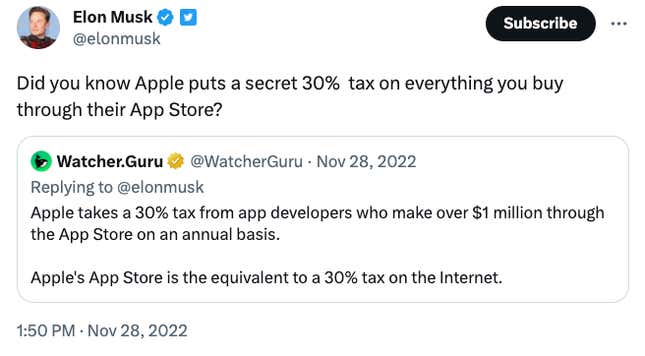 A Musk tweet reading "Did you know Apple puts a secret 30%  tax on everything you buy through their App Store?"