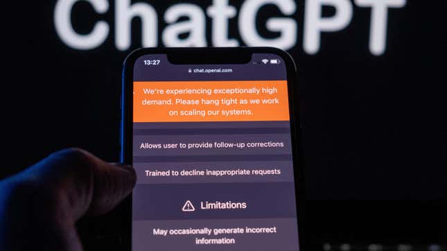  Smartphone screen with AI ChatGPT service warning information of hight demand and showing limitations