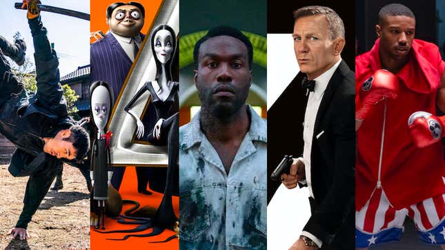 A collage of MGM properties from left to right: Henry Golding as Snake Eyes, the animated Addams Family, Yahya Abdul-Mateen II in Candyman, Daniel Craig's James Bond, and Michael B. Jordan's Adonis Creed.