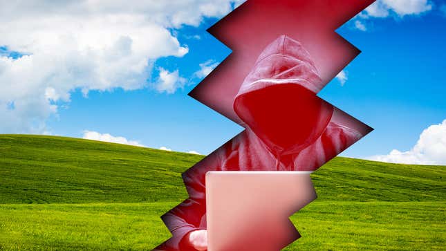 The old Windows XP desktop background with a photo of a hacker breaking through.