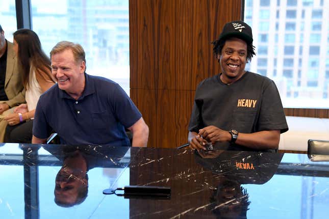 NFL Commissioner Roger Goodell and Jay Z at the Roc Nation and NFL Partnership Announcement at Roc Nation on August 14, 2019 in New York City. 
