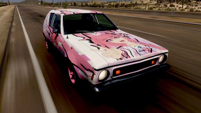An AMC Gremlin in Forza Horizon 5 with a pink-and-white Fate livery. 