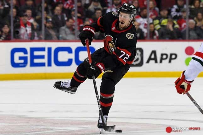 Mar 25, 2023; Newark, New Jersey, USA;  Ottawa Senators defenseman Thomas Chabot (72) shoots the puck into the zone against the New Jersey Devils during the first period at Prudential Center.