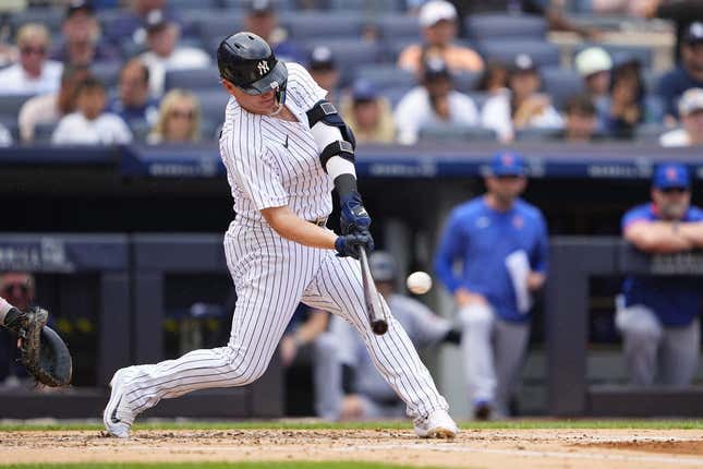 Jul 8, 2023; Bronx, New York, USA; New York Yankees designated hitter Josh Donaldson (28) hits a home run against the Chicago Cubs during the second inning at Yankee Stadium.