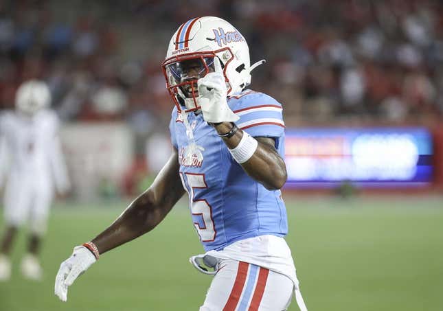 Sep 2, 2023; Houston, Texas, USA; Houston Cougars defensive back Malik Fleming (15) reacts after a play during the fourth quarter against the UTSA Roadrunners at TDECU Stadium.