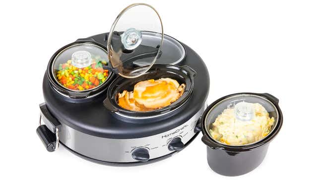 A triple ceramic pot heater featuring foods like mashed potatoes and mixed vegetables being heated.