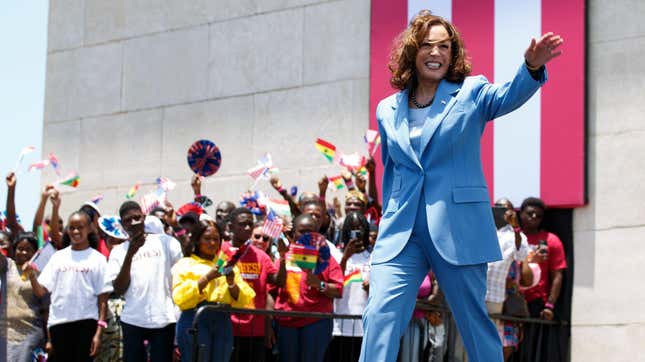 U.S. Vice President Kamala Harris waves as she arrives at Black Star square to address youths in Accra, Ghana, Tuesday March 28, 2023. Harris is on a seven-day African visit that will also take her to Tanzania and Zambia. 