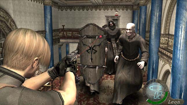 A screenshot shows Leon shooting enemies. 