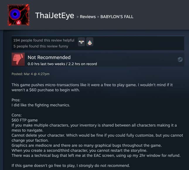 Image for article titled Babylon’s Fall, As Told By Steam Reviews