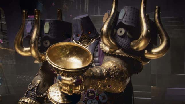 Calus holds up a gold chalice for his subsequent pour. 