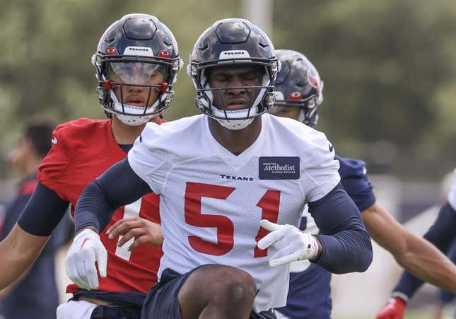 May 12, 2023; Houston, TX, USA; Houston Texans linebacker Will Anderson Jr. (51) stretches with other rookies during rookie camp at the Methodist practice facility.
