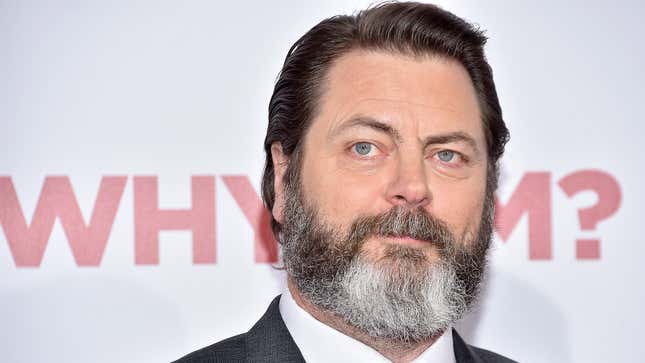 The face of actor Nick Offerman is in front of a white backdrop.