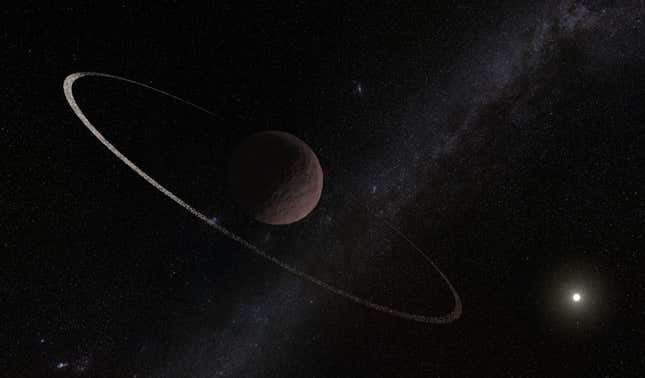 An artist's depiction of Quaoar and its distant ring system.