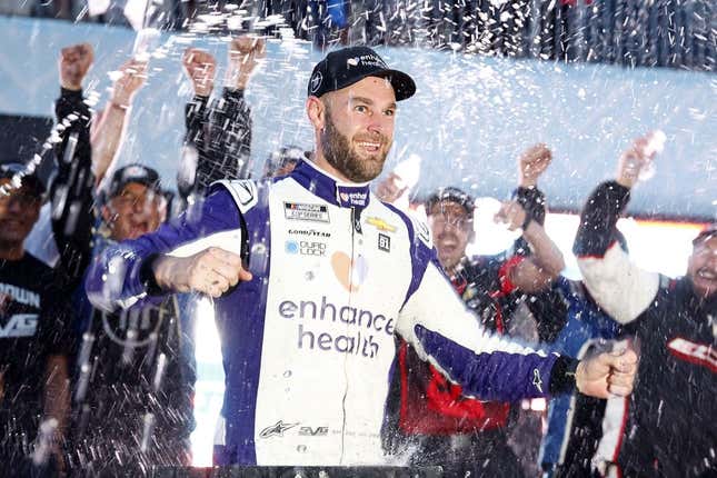 Jul 2, 2023; Chicago, Illinois, USA; NASCAR Cup Series driver Shane Van Gisbergen (91) reacts after winning the Grant Park 220 of the Chicago Street Race at Chicago Street Race.