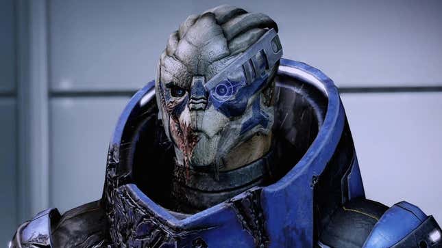 Mass Effect's Garrus stares into the distance looking tired and stunned. 