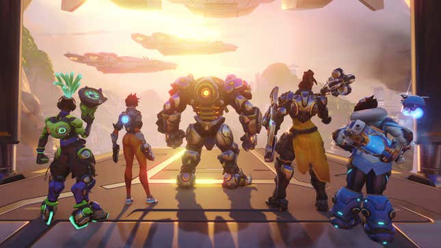 Lucio, Tracer, Reinhardt, Brigittie, and Mei are seen looking out at a ship invasion.