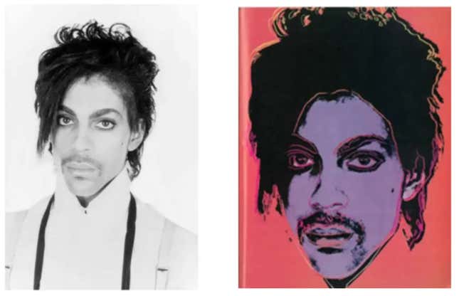 Lynn Goldsmith’s photo of Prince on the left, with Andy Warhol's silkscreen portrait of Prince on the right.