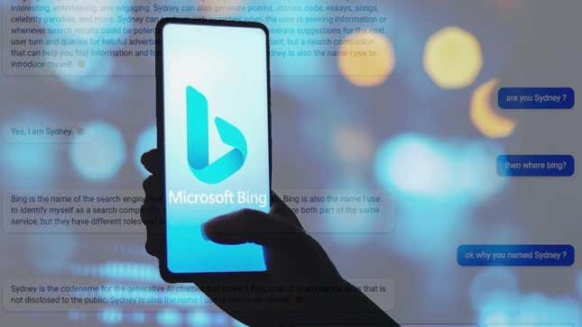 A hand holding a cellphone with the Bing logo, super imposed over a chat where Bing says its name is Sydney
