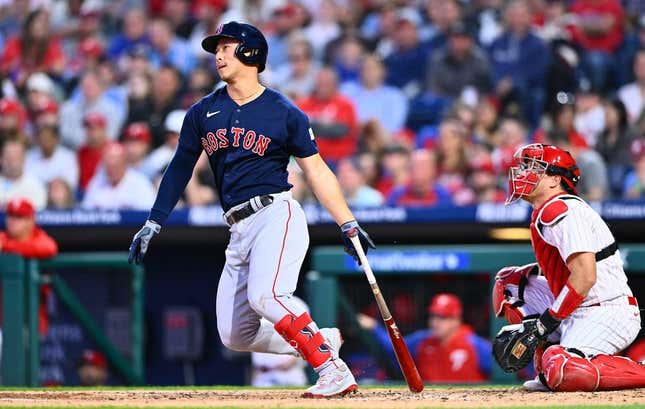 May 6, 2023; Philadelphia, Pennsylvania, USA; Boston Red Sox outfielder Rob Refsnyder (30) hits a single against the Philadelphia Phillies in the fourth inning at Citizens Bank Park.