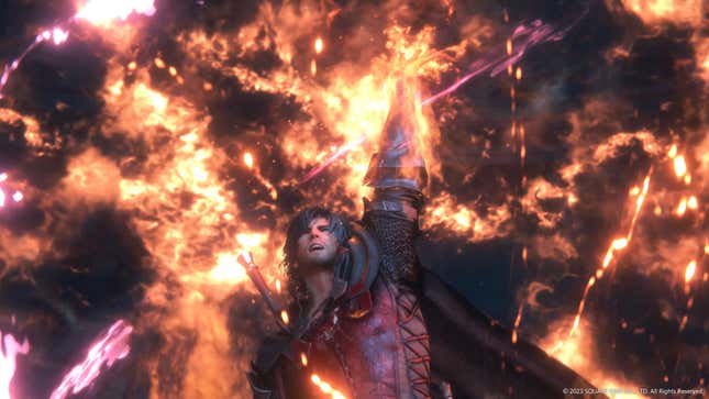 Clive is seen with his arm raised in the air while fire erupts behind him.