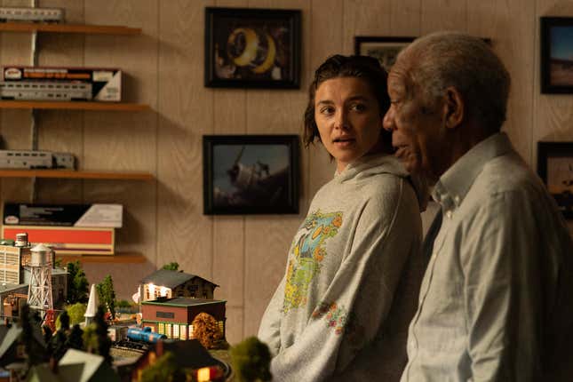 Florence Pugh (left), Morgan Freeman (right) in A Good Person. Credit: Jeong Park / Metro Goldwyn Mayer Pictures