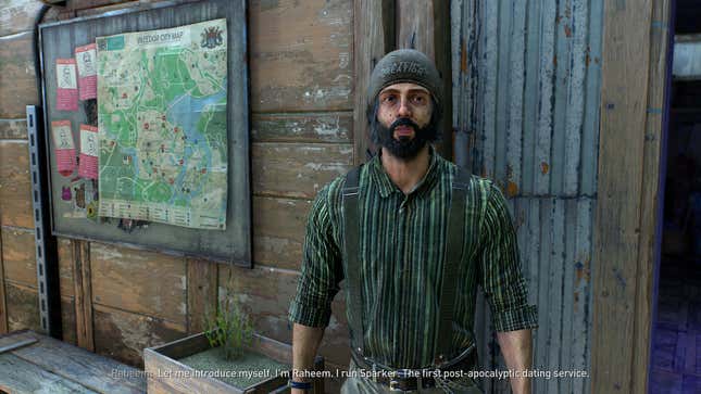 A young man in a green shit and hat explains his dating service to the player.
