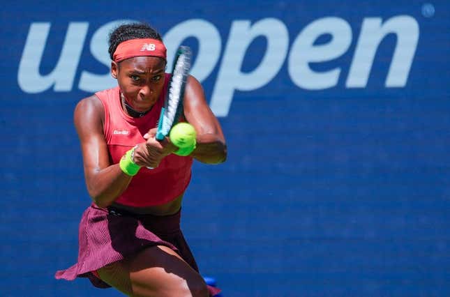 Sept 5, 2023; Flushing, NY, USA; Coco Gauff of the USA hits to Jelena Ostapenko of Latvia on day nine of the 2023 U.S. Open tennis tournament at USTA Billie Jean King National Tennis Center.