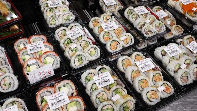 Grocery store packages of sushi rolls