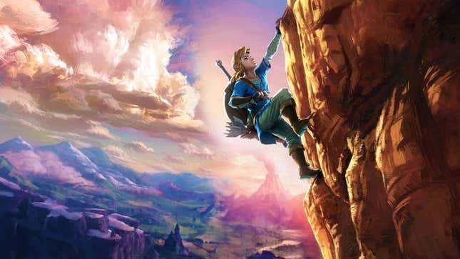 Link is seen climbing up the side of a cliff.