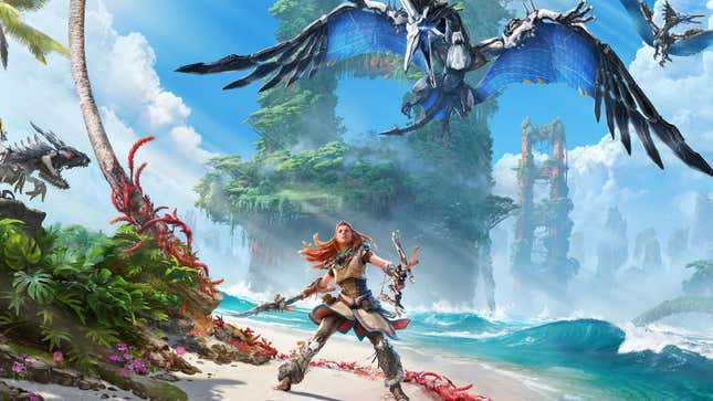 The cover art for Horizon Forbidden West, featuring the protagonist Aloy and a robotic bird. 