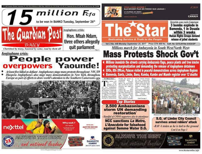Cameroon’s local newspapers have reported on several protesters killed.