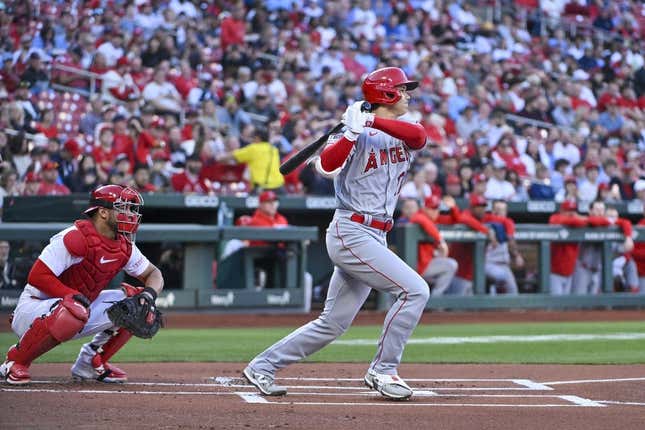 May 3, 2023; St. Louis, Missouri, USA;  Los Angeles Angels starting pitcher Shohei Ohtani (17) hits a single against the St. Louis Cardinals during the first inning at Busch Stadium.
