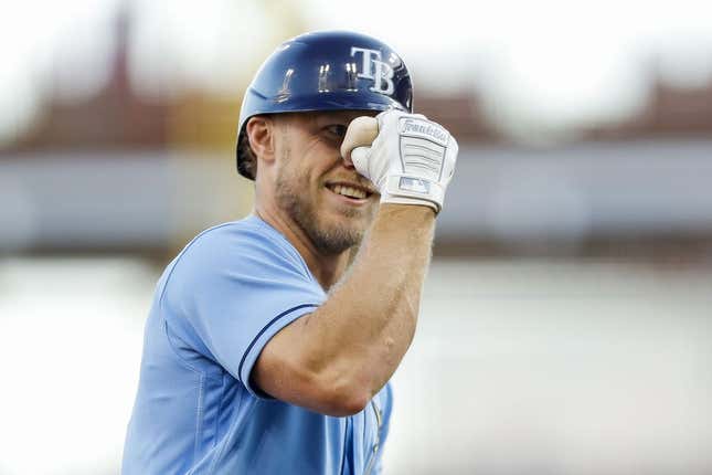 Apr 18, 2023; Cincinnati, Ohio, USA; Tampa Bay Rays second baseman Taylor Walls (6) reacts after hitting a solo home run in the second inning against the Cincinnati Reds at Great American Ball Park.