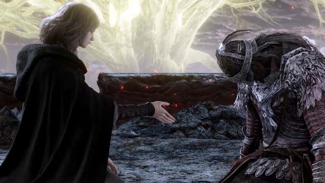 A screenshot from Elden Ring's launch trailer depicting the Tarnished slumped over in front of some dark-cloaked maiden.