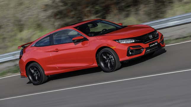Red 2016 Honda Civic Si Coupe front three-quarter angle view driving on road