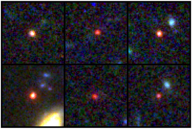 Six candidate massive galaxies in the early universe.