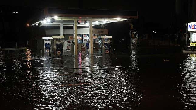 A flooded gas station is viewed in the Gowanus section of Brooklyn as Hurricane Sandy affects the area on October 29, 2012 in New York. 