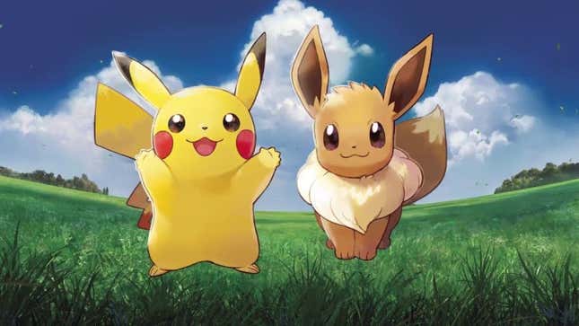 Pikachu and Eevee in a field smiling