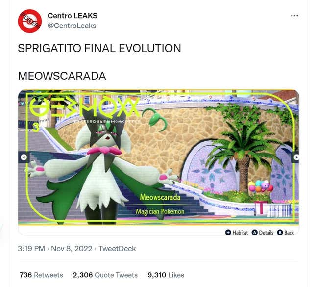 A screenshot shows a Meowscarada leak on Twitter.