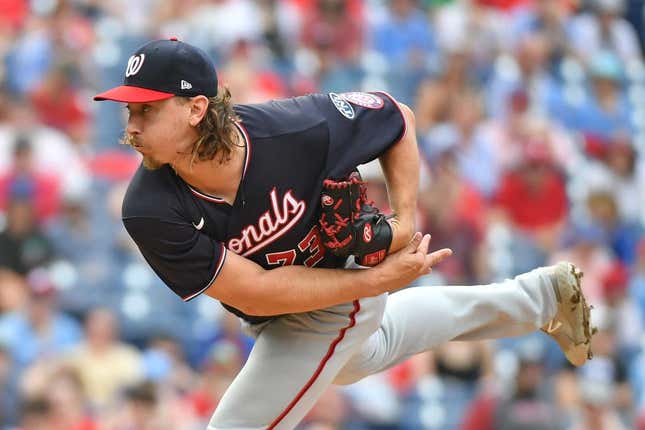 Jul 2, 2023; Philadelphia, Pennsylvania, USA; Washington Nationals relief pitcher Hunter Harvey (73) throws a pitch during the ninth inning against the Philadelphia Phillies at Citizens Bank Park.