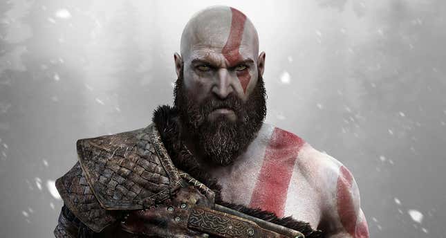 Kratos stares intensely into the distance in God of War.