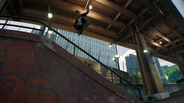 A Session: Skate Sim image of a skateboarder doing what appears to be a backside 180 down a flight of stairs.