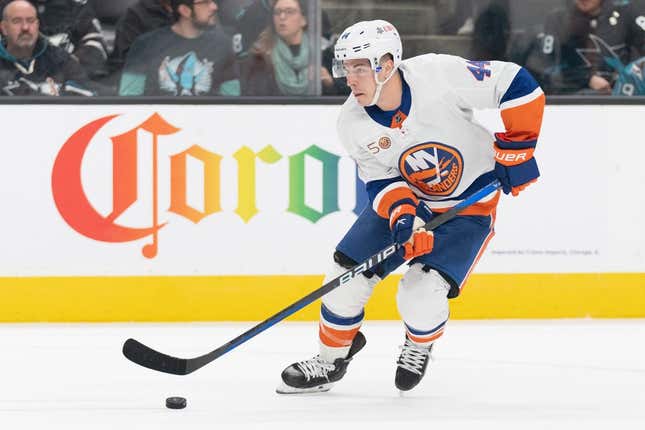 Mar 18, 2023; San Jose, California, USA; New York Islanders center Jean-Gabriel Pageau (44) controls the puck during the first period against the San Jose Sharks at SAP Center at San Jose.