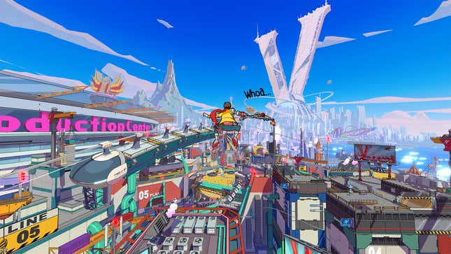 Hi-Fi Rush's hero jumps through a colorful city skyline.