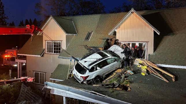 Image for article titled California Driver Somehow Crashed Their Car Into the Second Story of a House